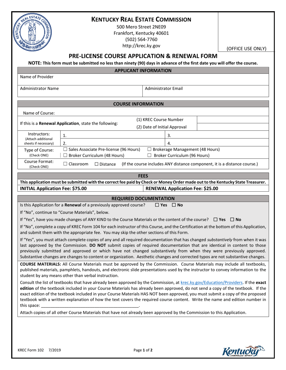 KREC Form 102 Pre-license Course Application  Renewal Form - Kentucky, Page 1