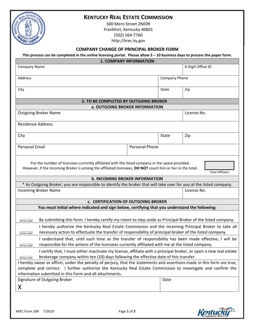 KREC Form 204 Company Change of Principal Broker Form - Kentucky