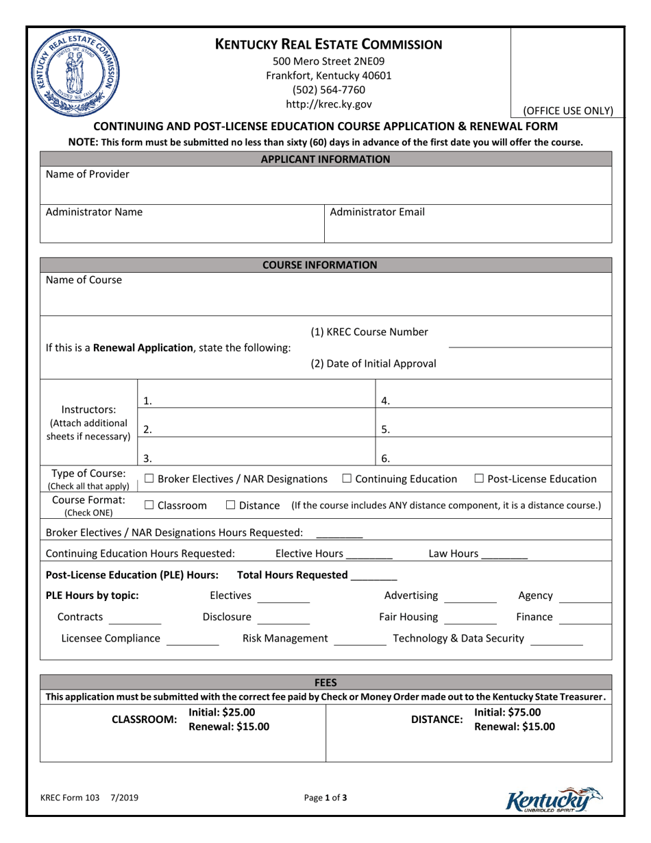KREC Form 103 Continuing and Post-license Education Course Application  Renewal Form - Kentucky, Page 1