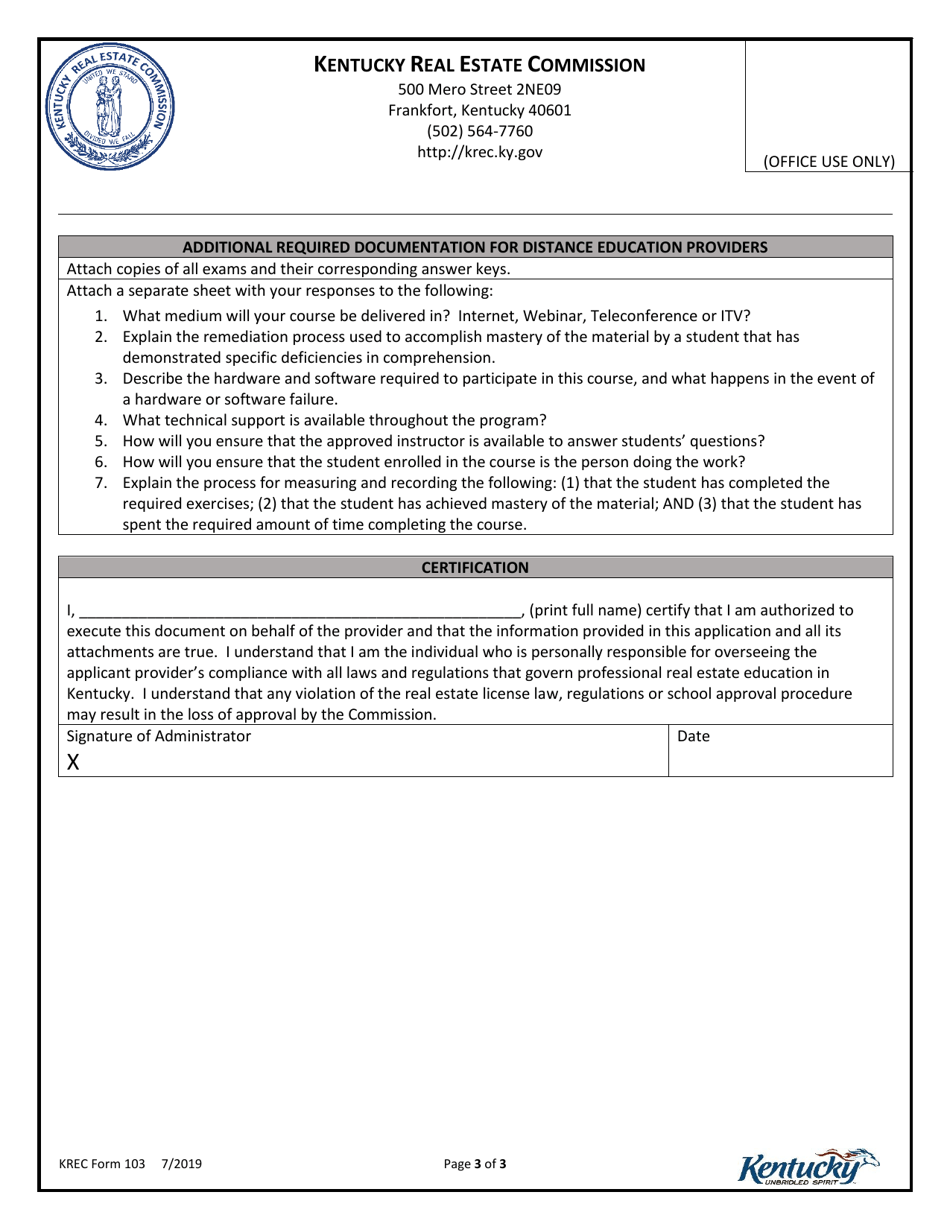 KREC Form 103 Continuing and Post-license Education Course Application  Renewal Form - Kentucky, Page 3
