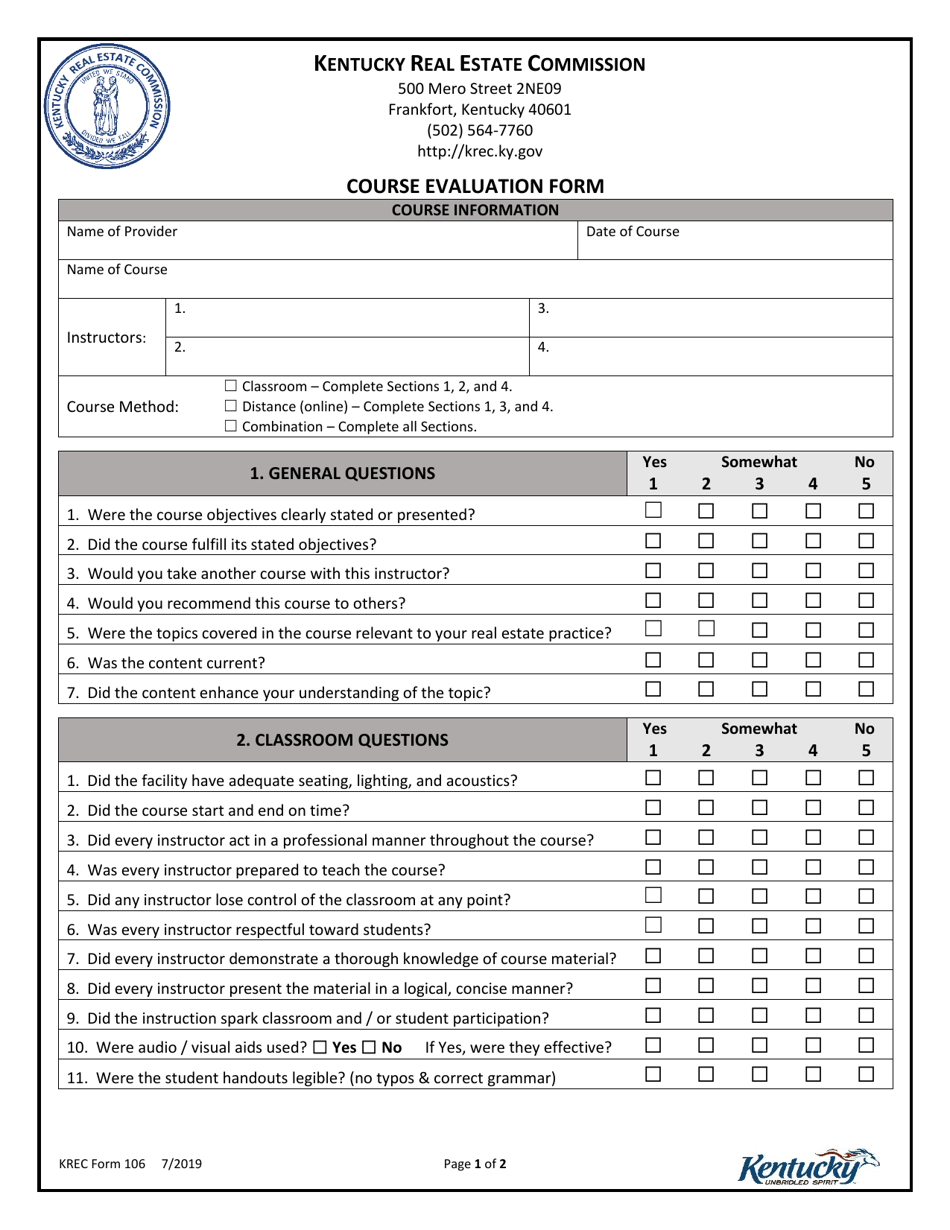 KREC Form 106 Course Evaluation Form - Kentucky, Page 1