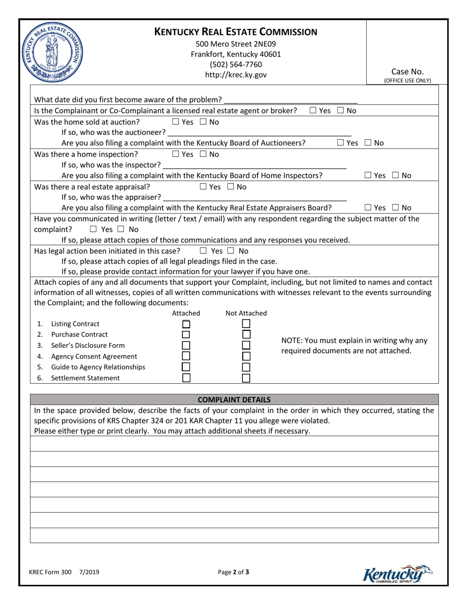 KREC Form 300 Sworn Statement of Complaint - Kentucky, Page 3