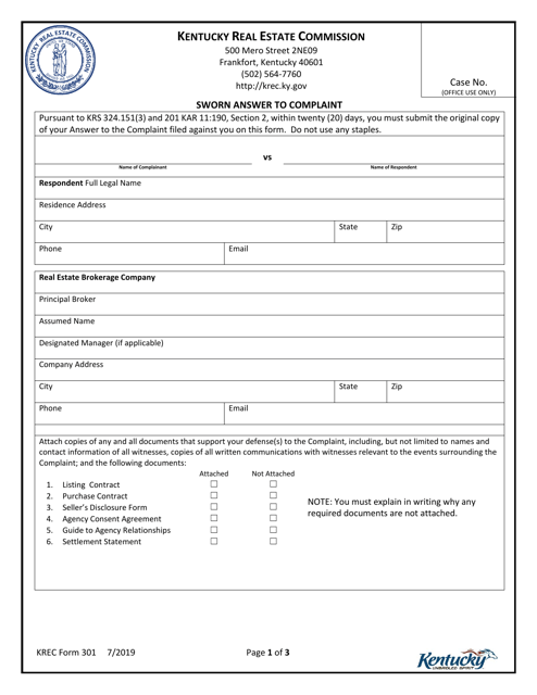 KREC Form 301  Printable Pdf