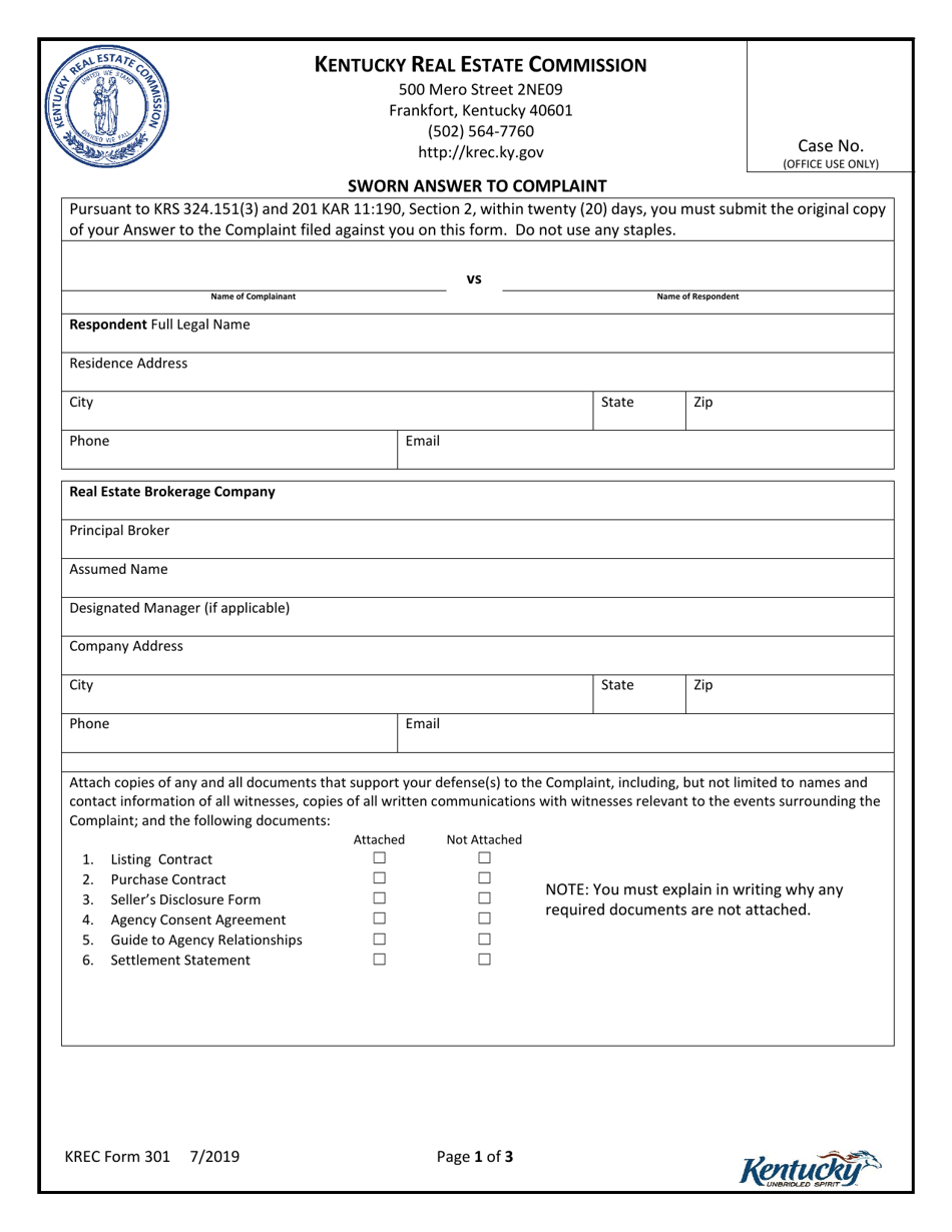 KREC Form 301 Sworn Answer to Complaint - Kentucky, Page 1