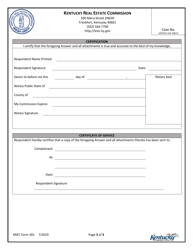 KREC Form 301 Sworn Answer to Complaint - Kentucky, Page 3