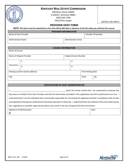 KREC Form 105 Provider Host Form - Kentucky