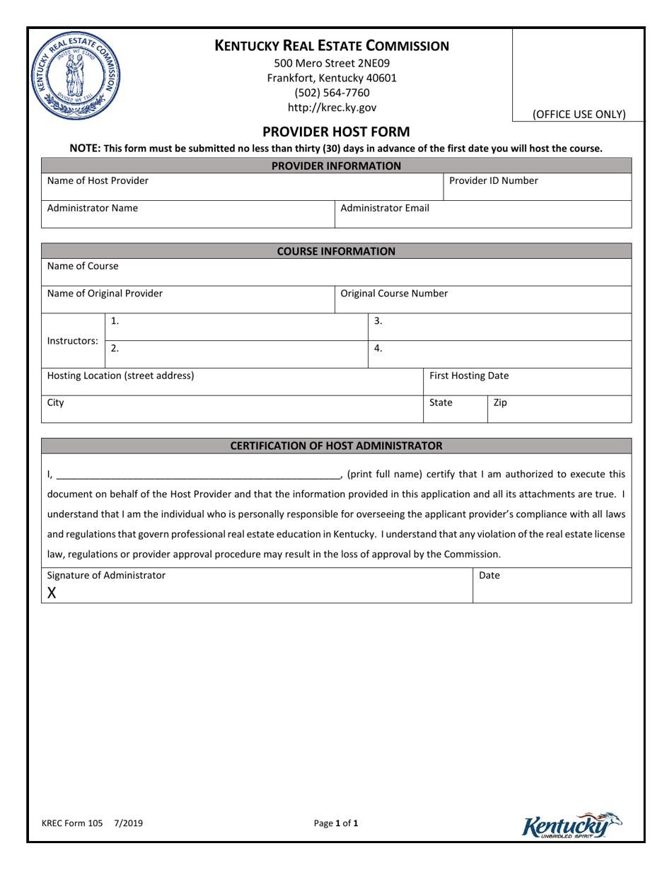 KREC Form 105 Provider Host Form - Kentucky, Page 1