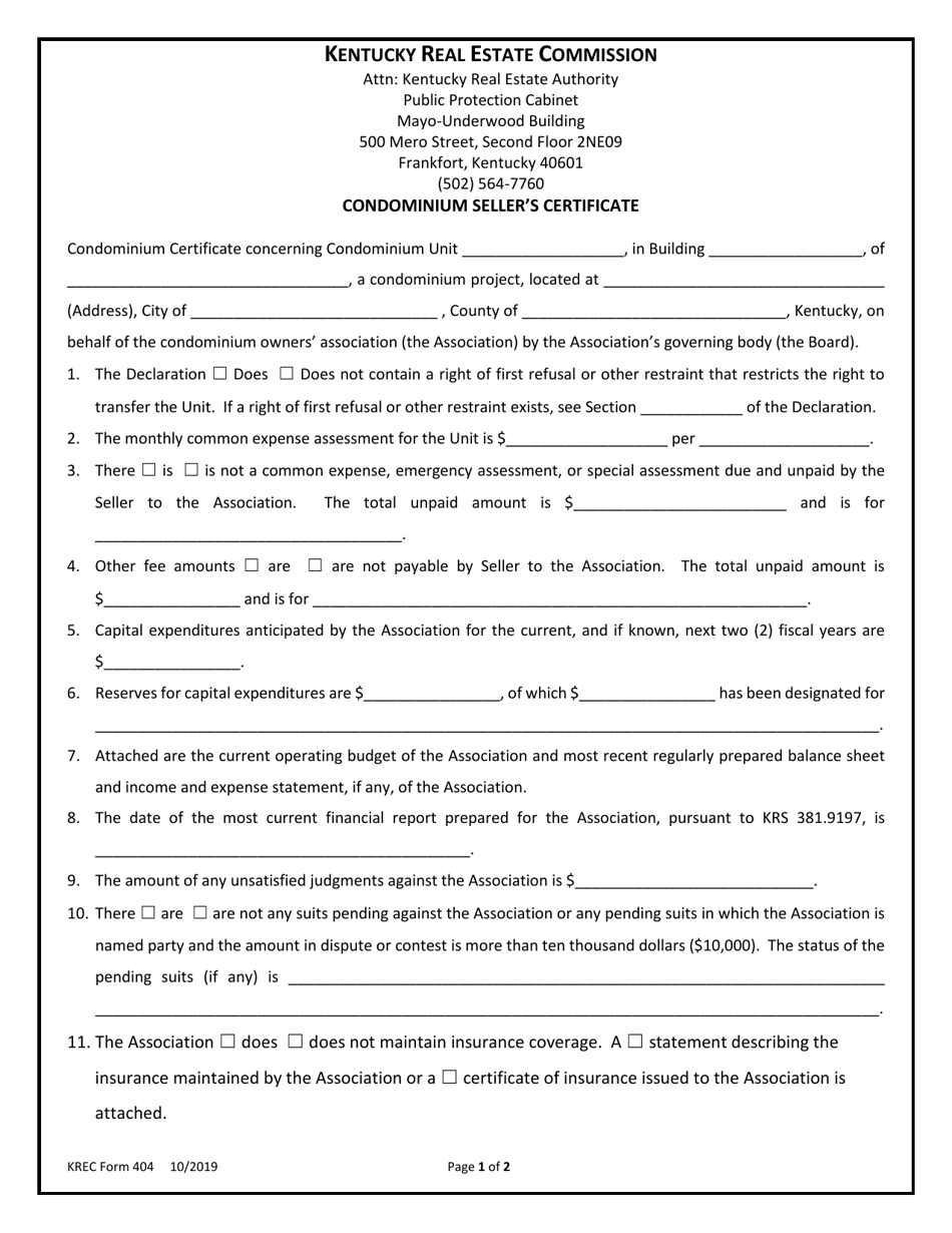 KREC Form 404 Condominium Sellers Certificate - Kentucky, Page 1