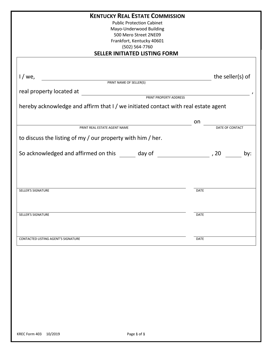 KREC Form 403 Seller Initiated Listing Form - Kentucky, Page 1