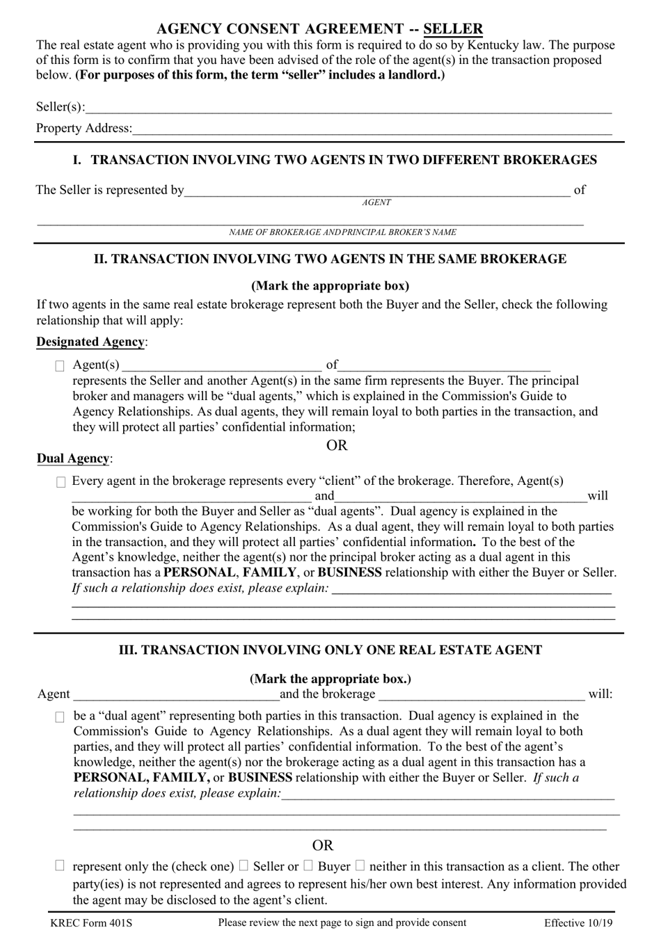 KREC Form 401S Agency Consent Agreement - Seller - Kentucky, Page 1