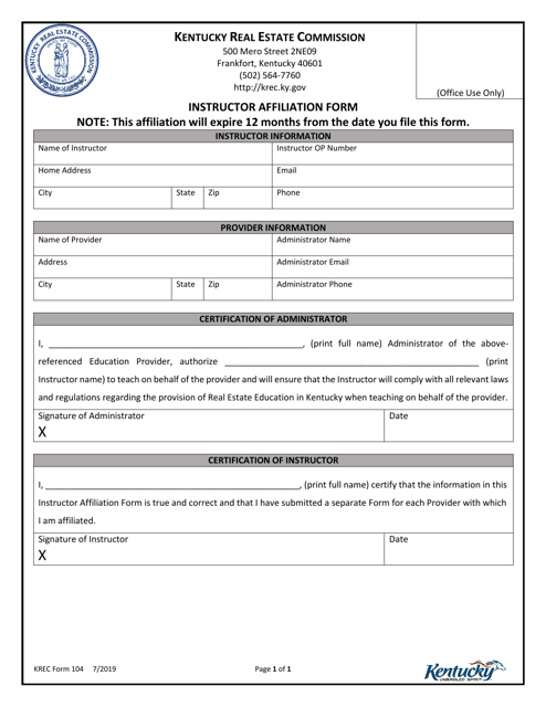 KREC Form 104 Instructor Affiliation Form - Kentucky