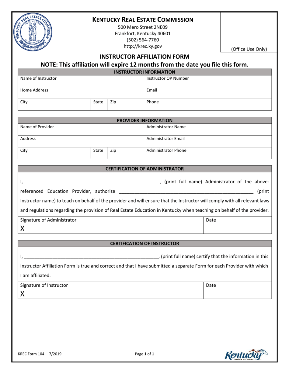 KREC Form 104 Instructor Affiliation Form - Kentucky, Page 1