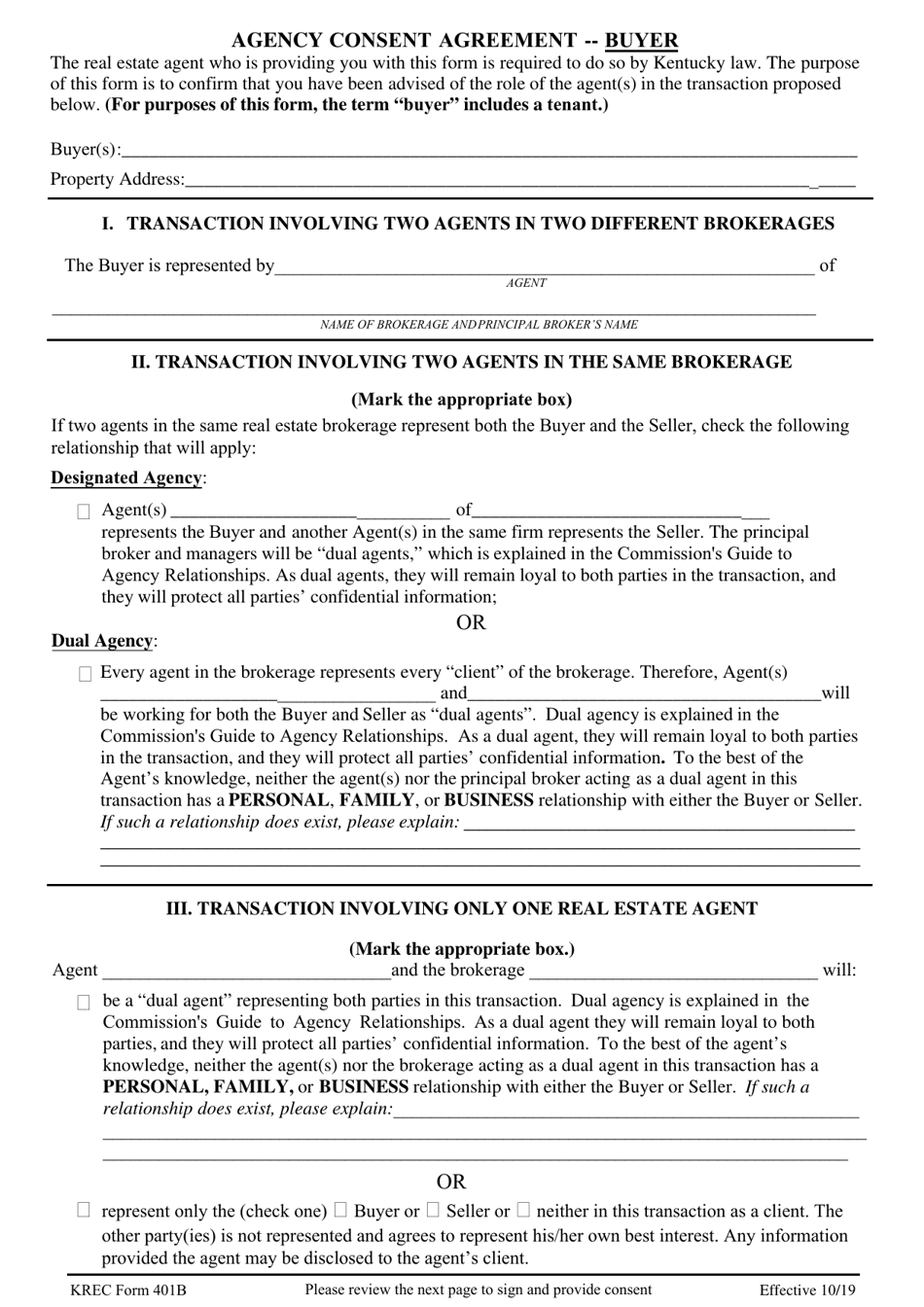 KREC Form 401B Agency Consent Agreement - Buyer - Kentucky, Page 1
