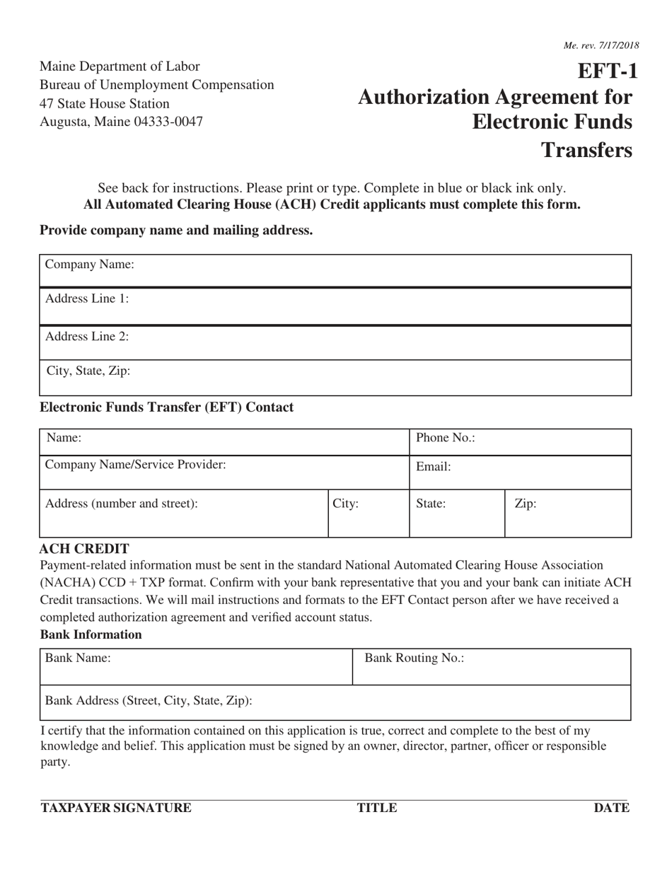 Form EFT-1 Authorization Agreement for Electronic Funds Transfers - Maine, Page 1
