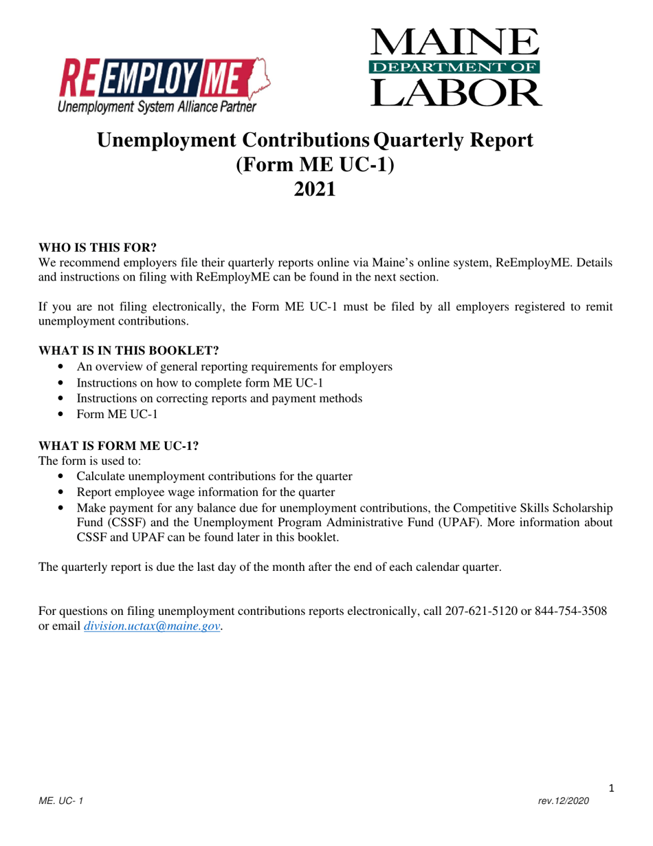 Instructions for Form ME UC-1 Unemployment Contributions Quarterly Report - Maine, Page 1