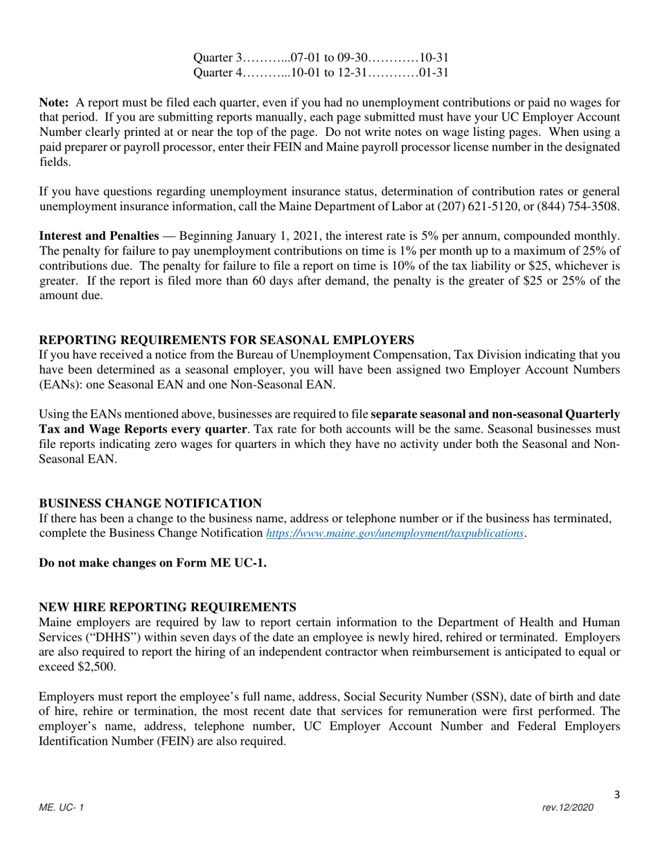 Instructions for Form ME UC-1 Unemployment Contributions Quarterly Report - Maine, Page 3