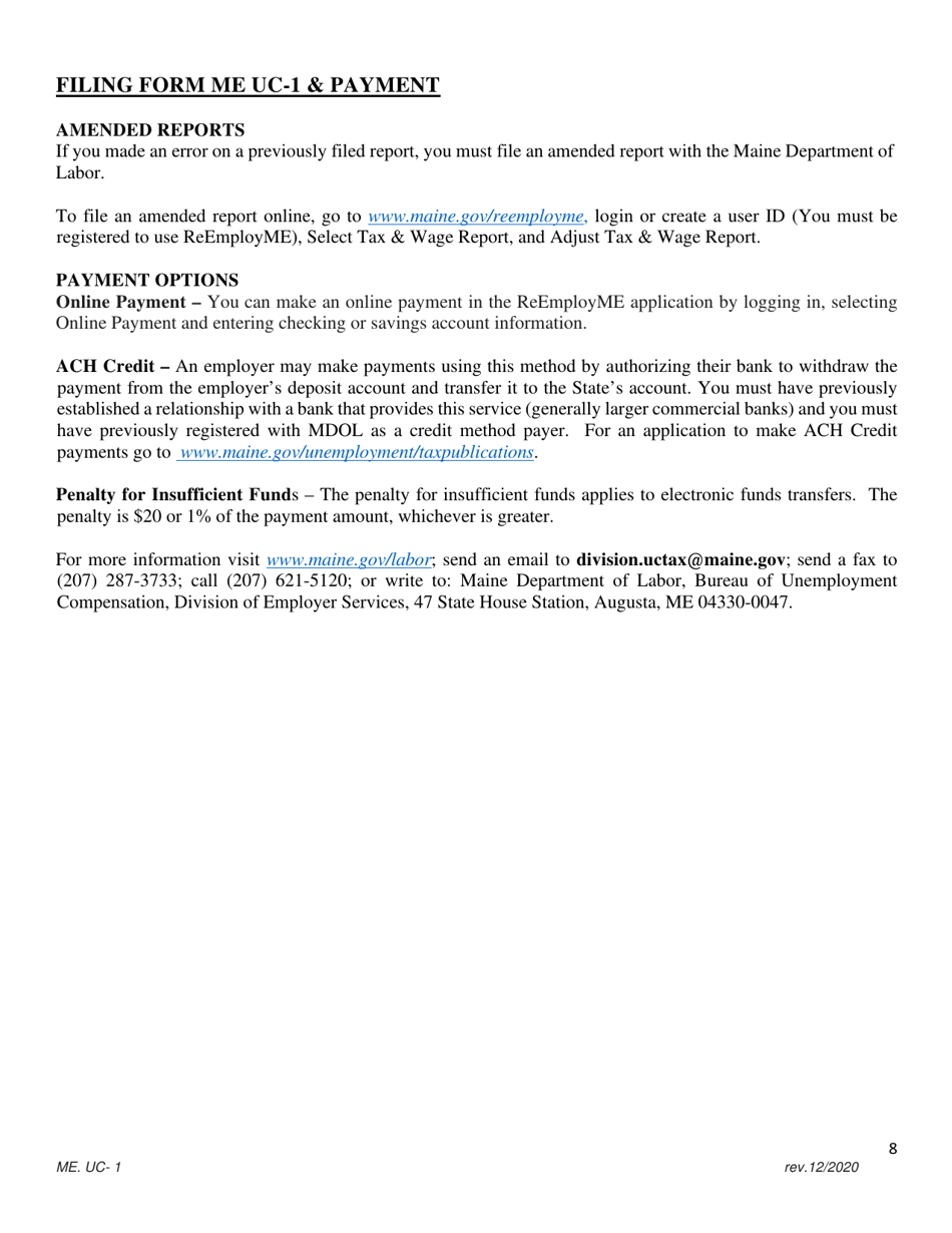 Instructions for Form ME UC-1 Unemployment Contributions Quarterly Report - Maine, Page 8