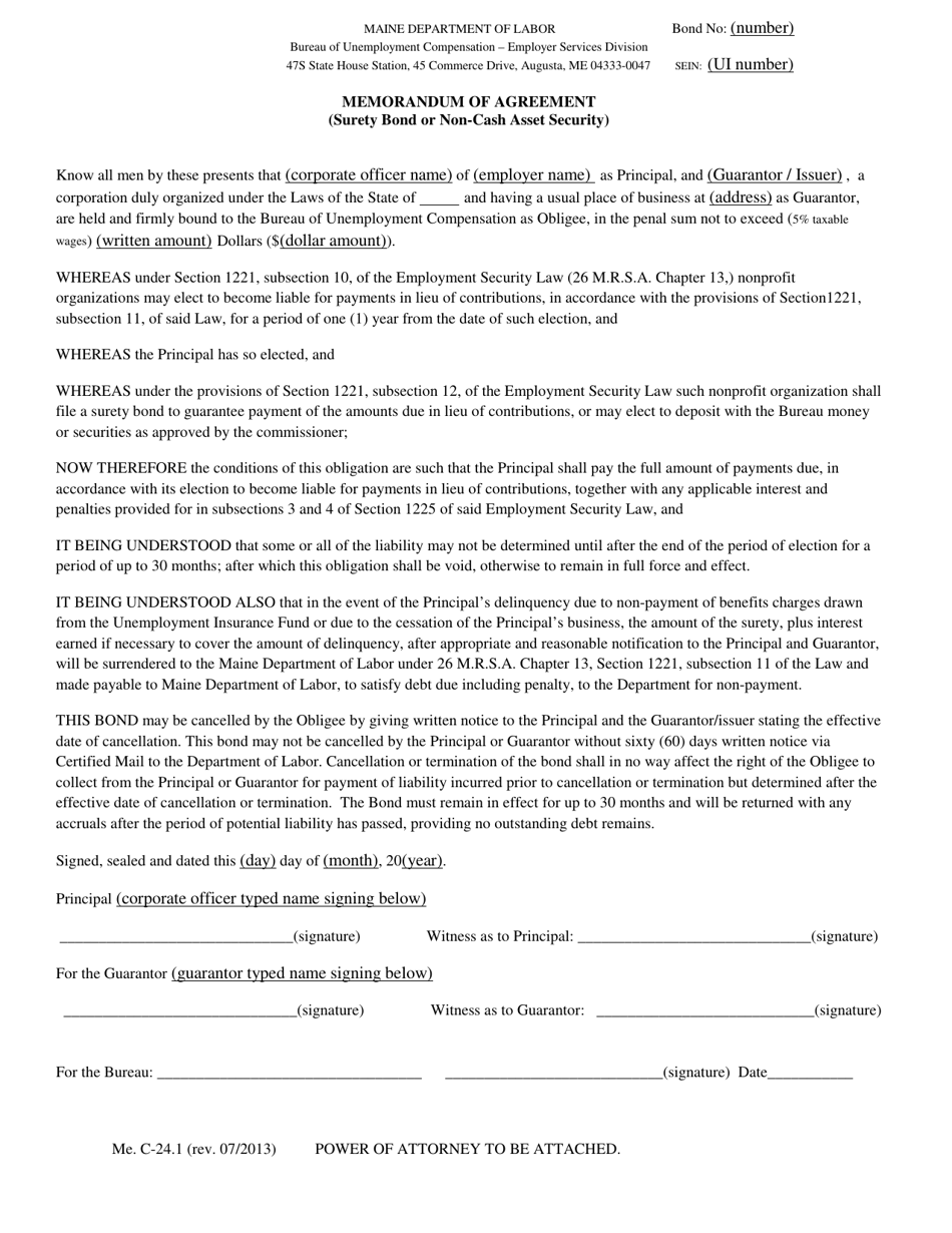Form Me.C-24.1 Memorandum of Agreement (Surety Bond or Non-cash Asset Security) - Maine, Page 1
