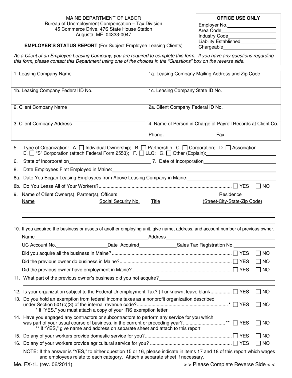 Form Me. FX-1L Employers Status Report (For Subject Employee Leasing Clients) - Maine, Page 1