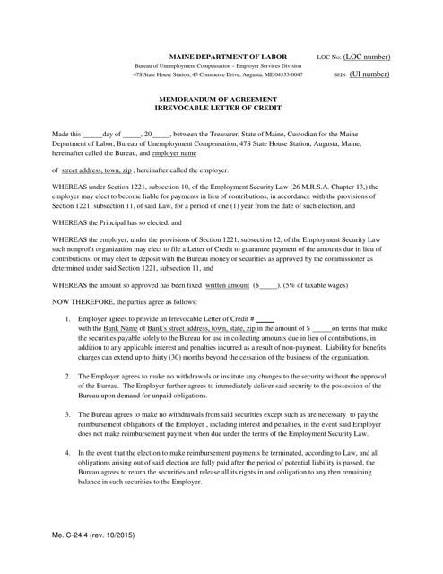 Document preview: Form Me.C-24.4 Memorandum of Agreement Irrevocable Letter of Credit - Maine