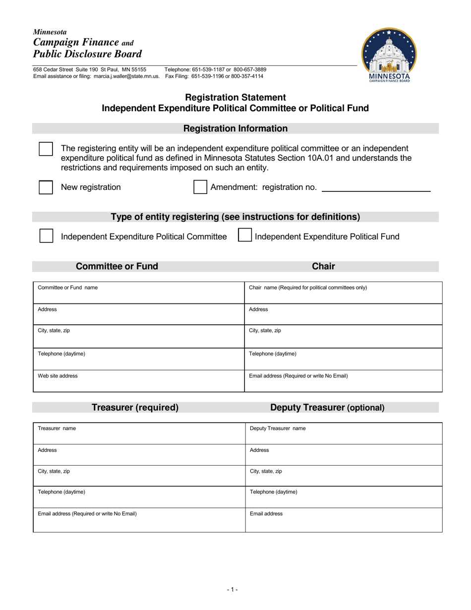 Registration Statement Independent Expenditure Political Committee or Political Fund - Minnesota, Page 1