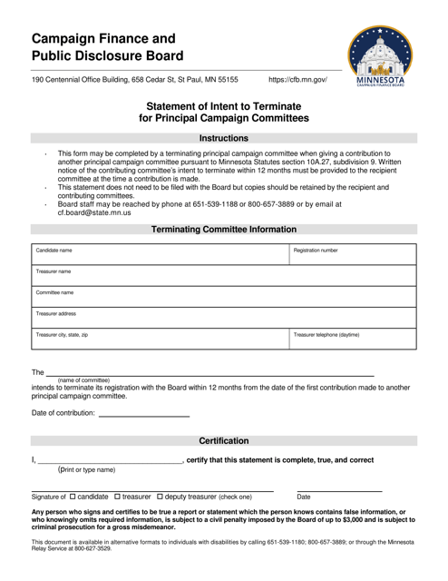 Statement of Intent to Terminate for Principal Campaign Committees - Minnesota Download Pdf