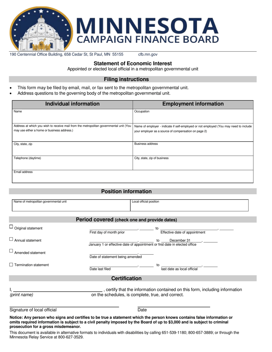 Statement of Economic Interest - Appointed or Elected Local Official in a Metropolitan Governmental Unit - Minnesota, Page 1
