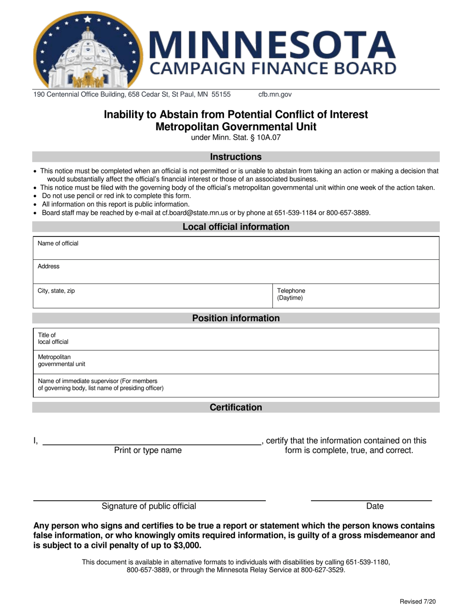 Inability to Abstain From Potential Conflict of Interest Metropolitan Governmental Unit - Minnesota, Page 1