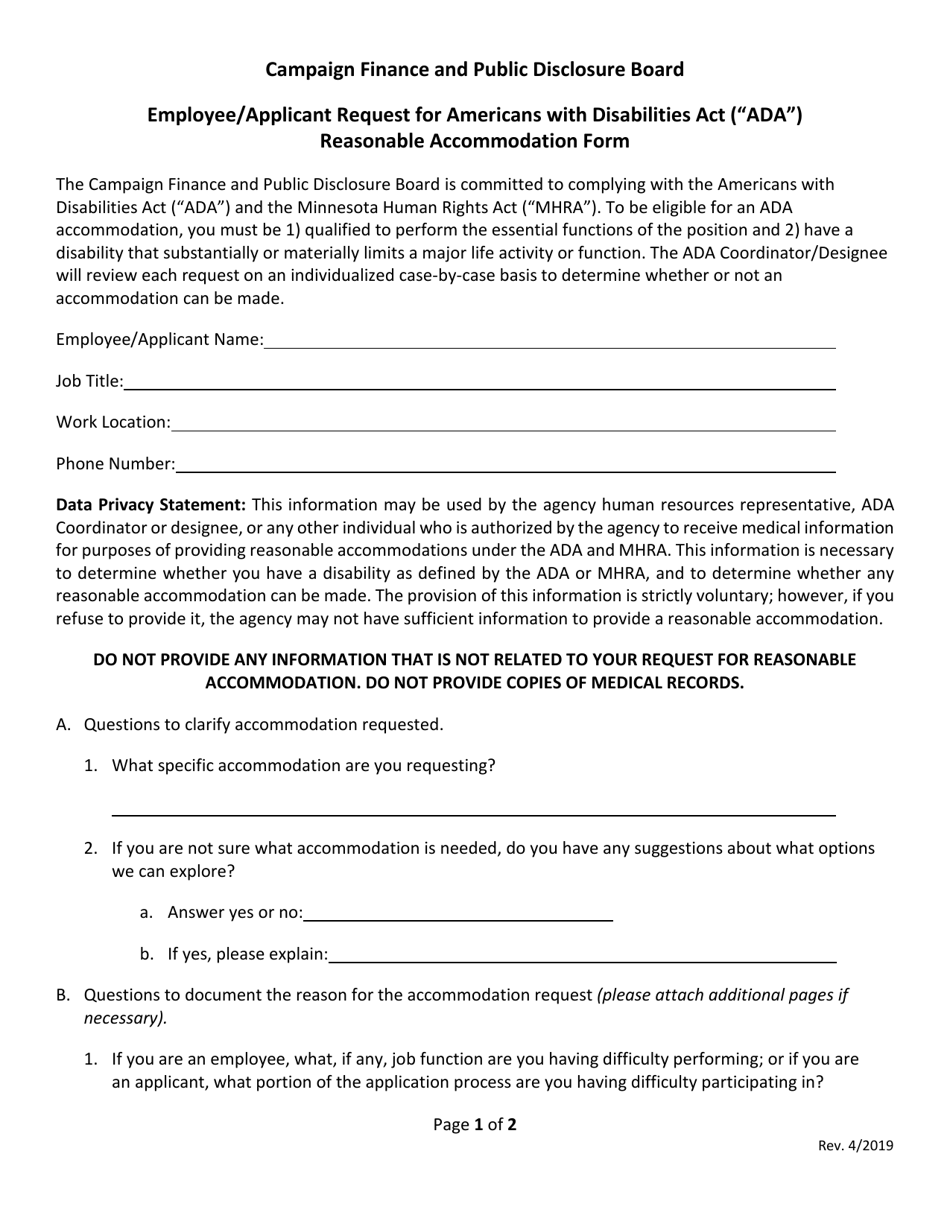 Employee / Applicant Request for Americans With Disabilities Act (ada) Reasonable Accommodation Form - Minnesota, Page 1