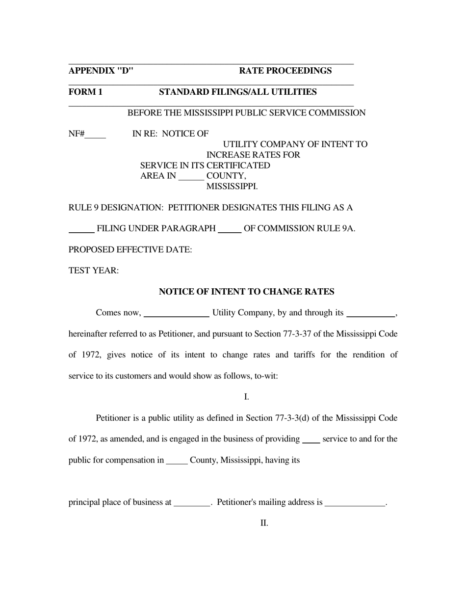 Form 1 Appendix D Notice of Intent to Change Rates - Mississippi, Page 1