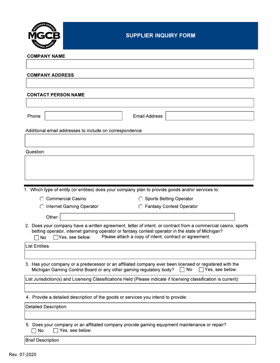 Supplier Inquiry Form - Michigan, Page 1