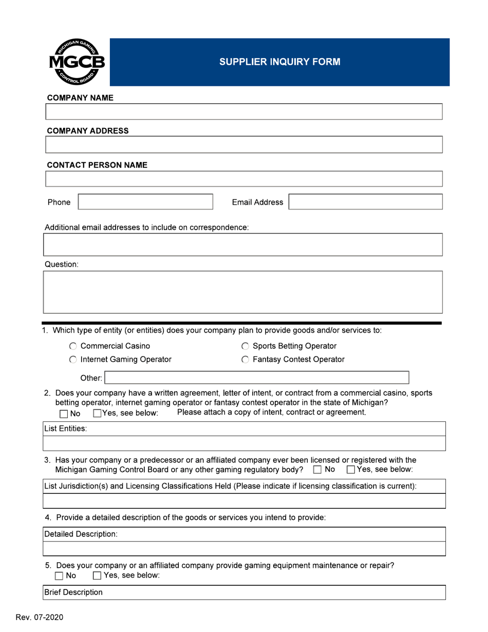 Michigan Supplier Inquiry Form Fill Out, Sign Online and Download PDF Templateroller
