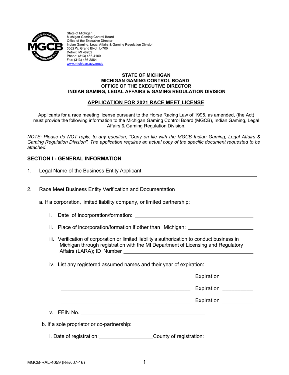 Form MGCB-RAL-4059 Application for Race Meet License - Michigan, Page 1