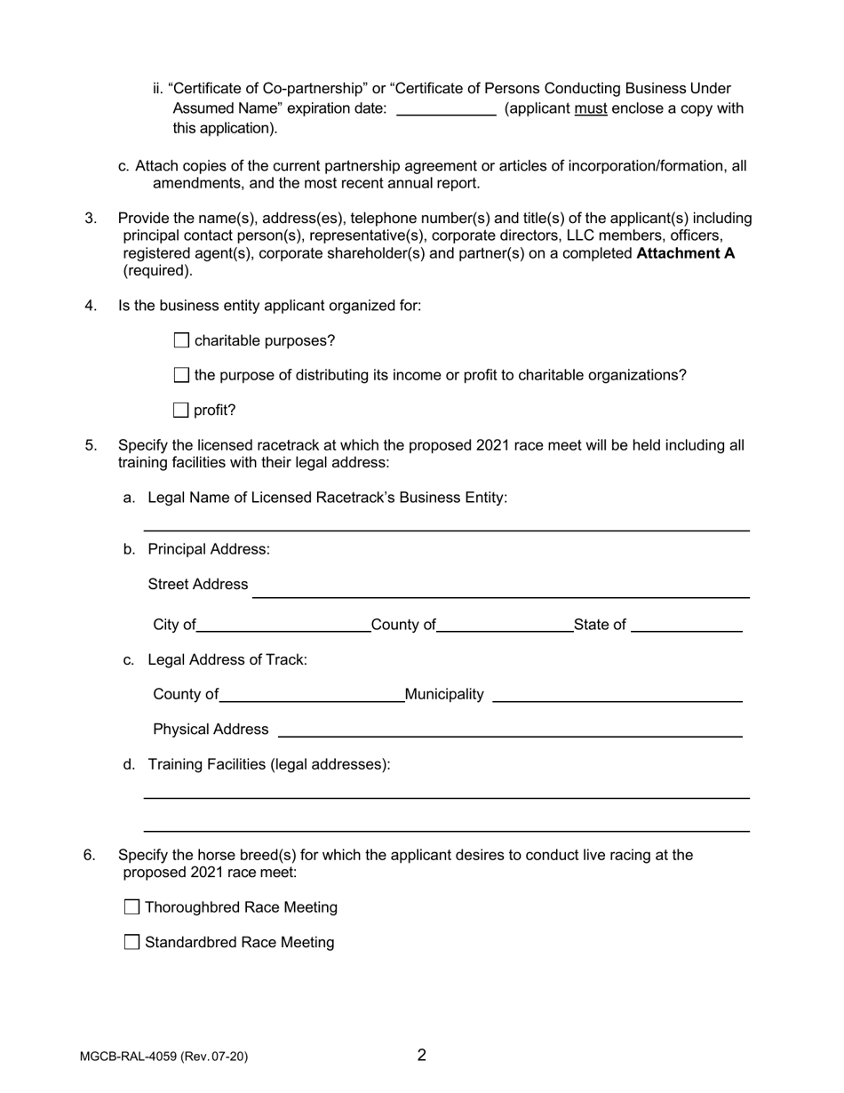 Form MGCB-RAL-4059 Application for Race Meet License - Michigan, Page 2