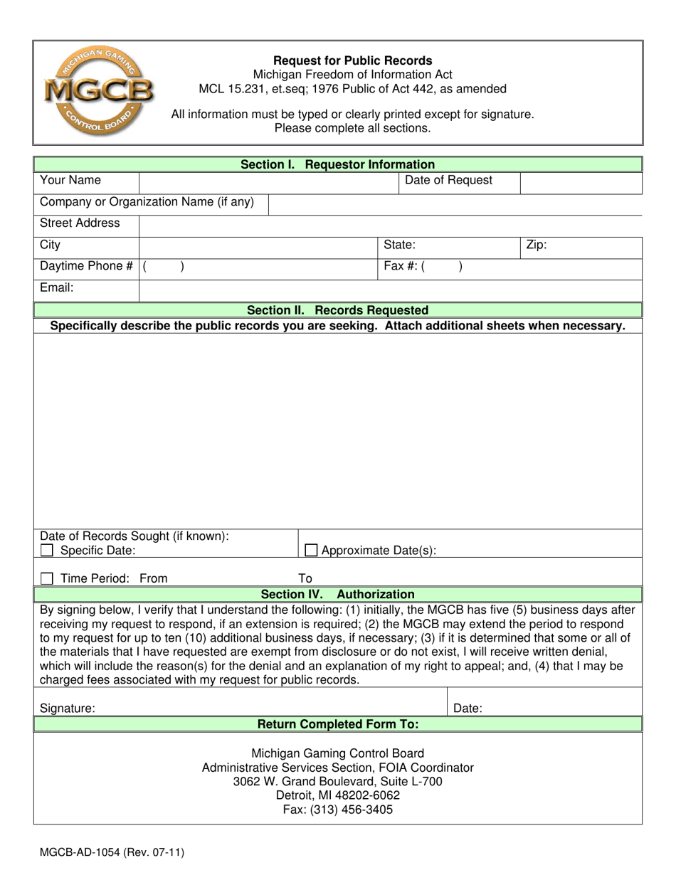 Form MGCBAD1054 Fill Out, Sign Online and Download Printable PDF