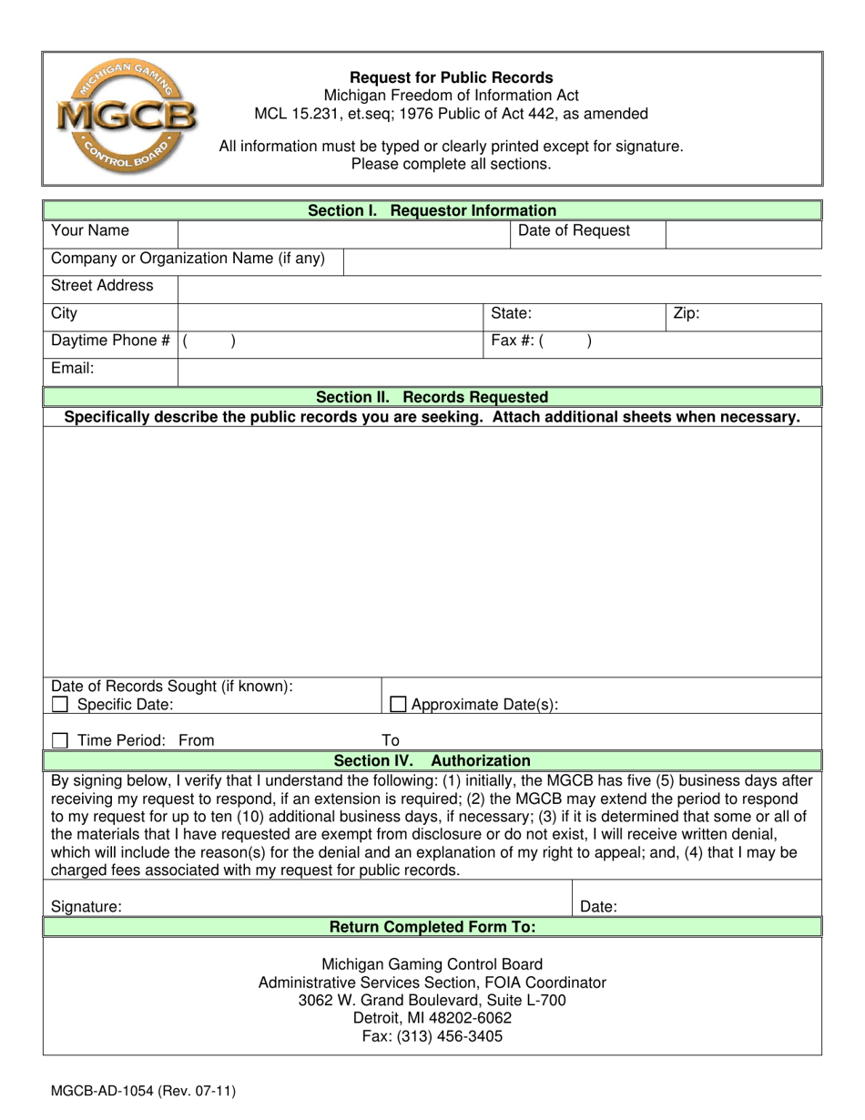 Form MGCB-AD-1054 Request for Public Records - Michigan, Page 1