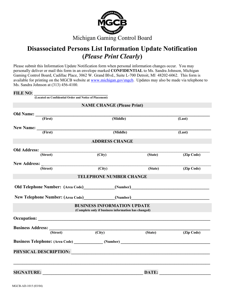 Form MGCB-AD-1015 Disassociated Persons List Information Update Notification - Michigan, Page 1
