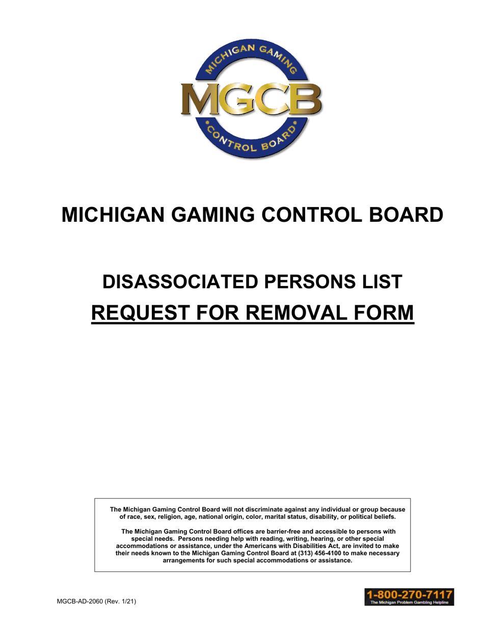 Form MGCB-AD-2060 Disassociated Persons List Request for Removal - Michigan, Page 1
