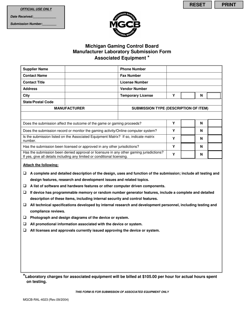 Form MGCB-RAL-4023 Manufacturer Laboratory Submission Form - Michigan, Page 1