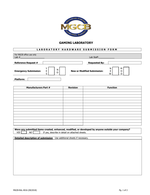 Form MGCB-RAL-4016 Laboratory Hardware Submission Form - Michigan