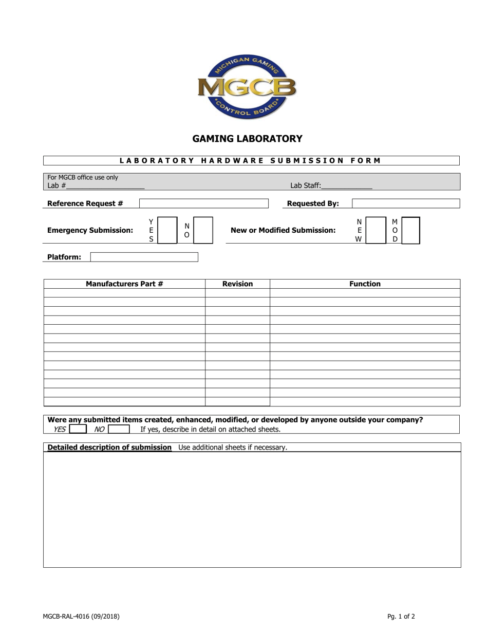 Form MGCB-RAL-4016 Laboratory Hardware Submission Form - Michigan, Page 1