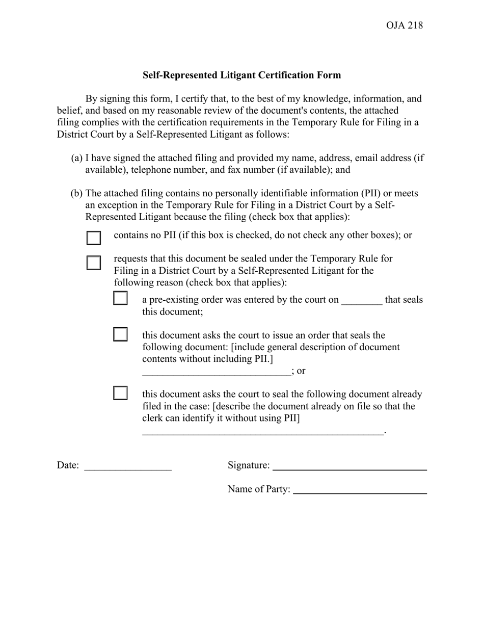 Form OJA218 Self-represented Litigant Certification Form - Kansas, Page 1