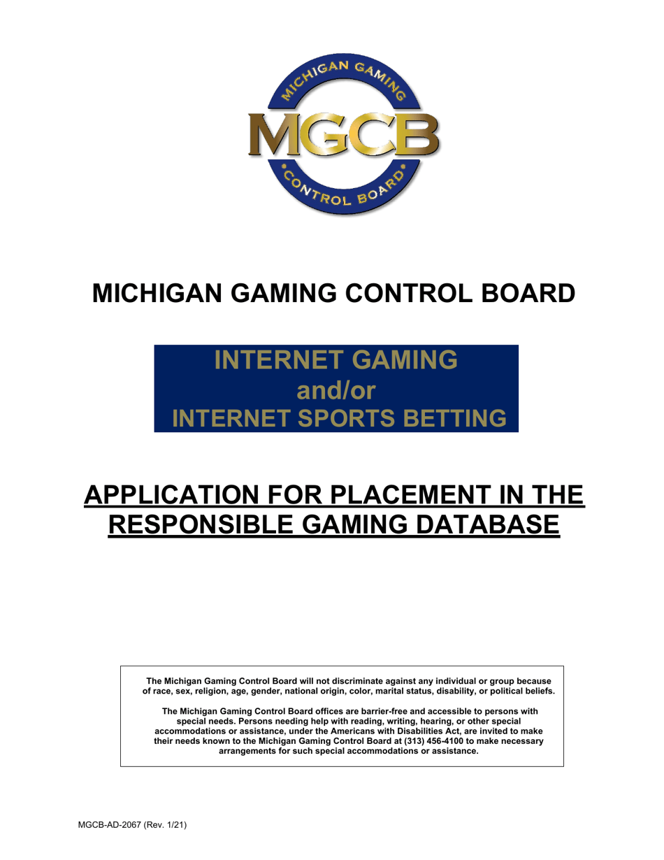 Form MGCB-AD-2067 Application for Placement in the Responsible Gaming Database - Michigan, Page 1