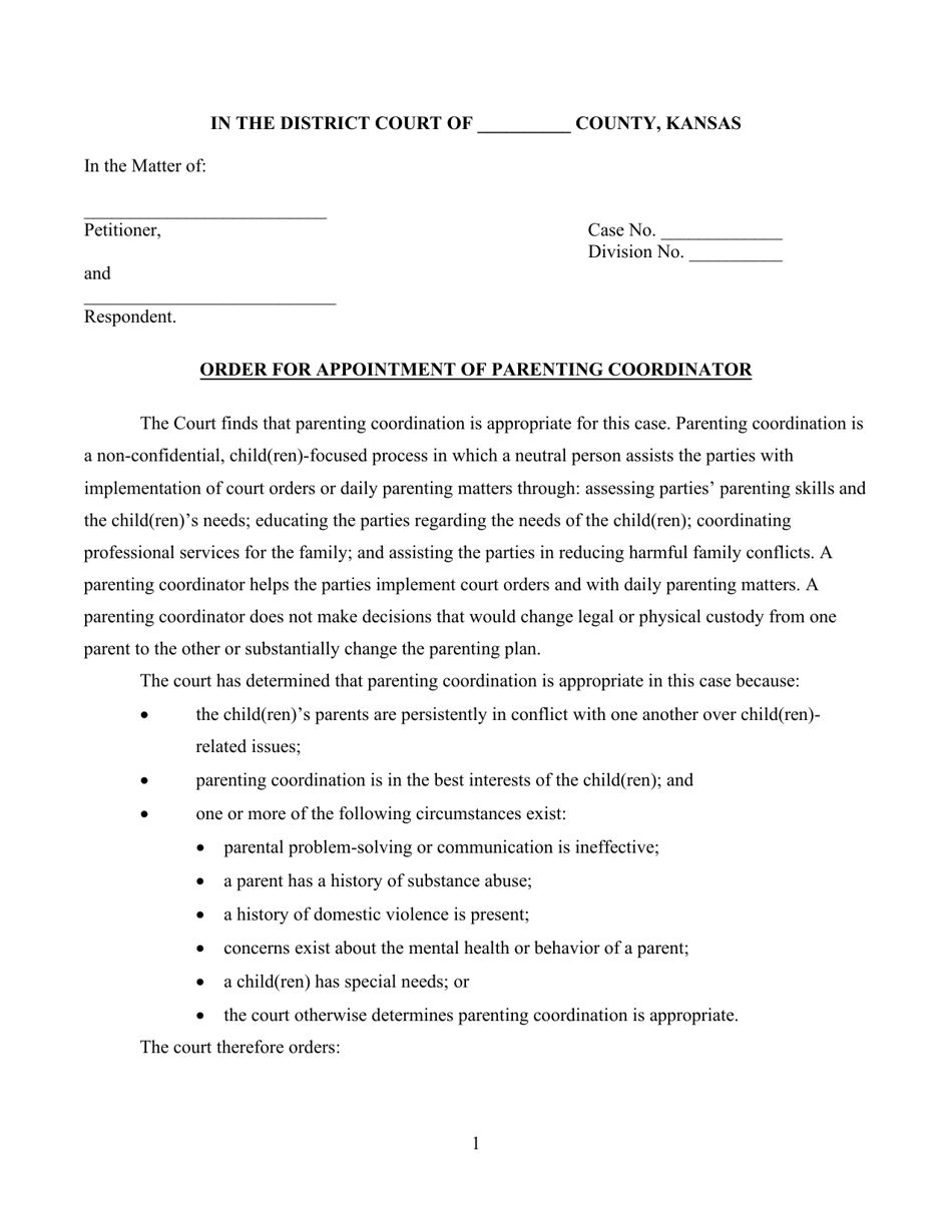 Order for Appointment of Parenting Coordinator - Kansas, Page 1