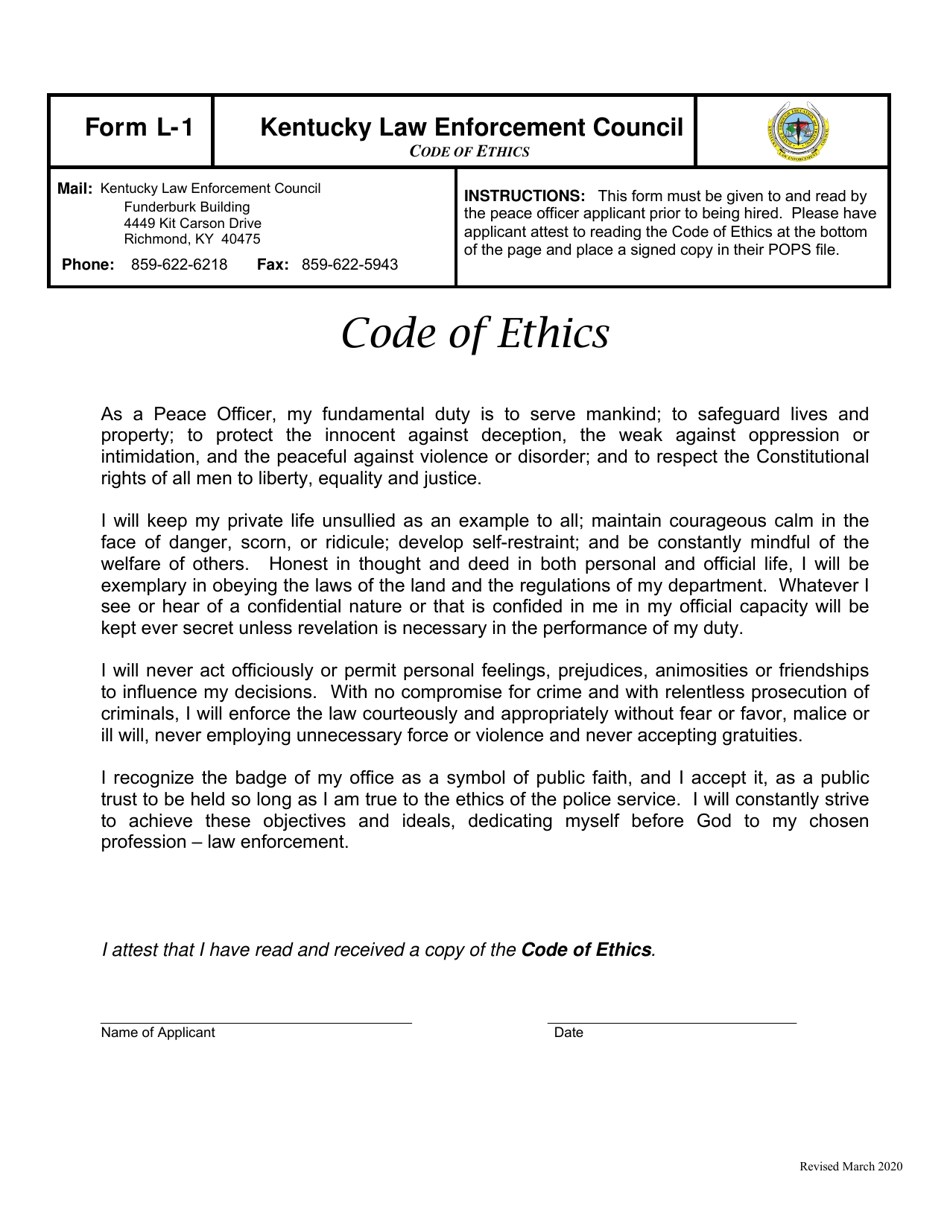Form L-1 Code of Ethics - Kentucky, Page 1