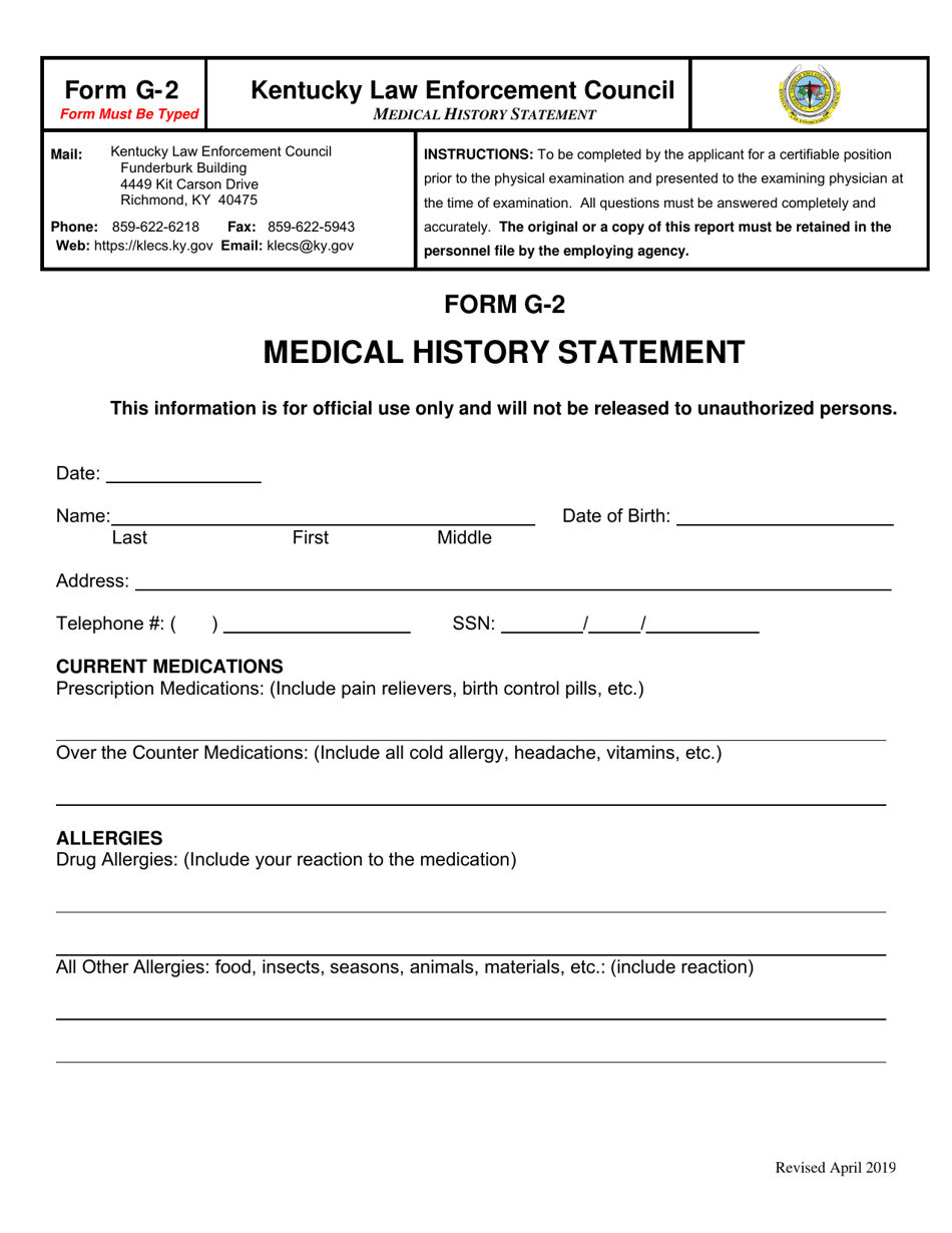 Form G-2 Medical History Statement - Kentucky, Page 1