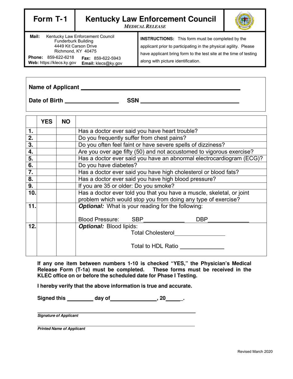 Form T-1 Medical Release - Kentucky, Page 1