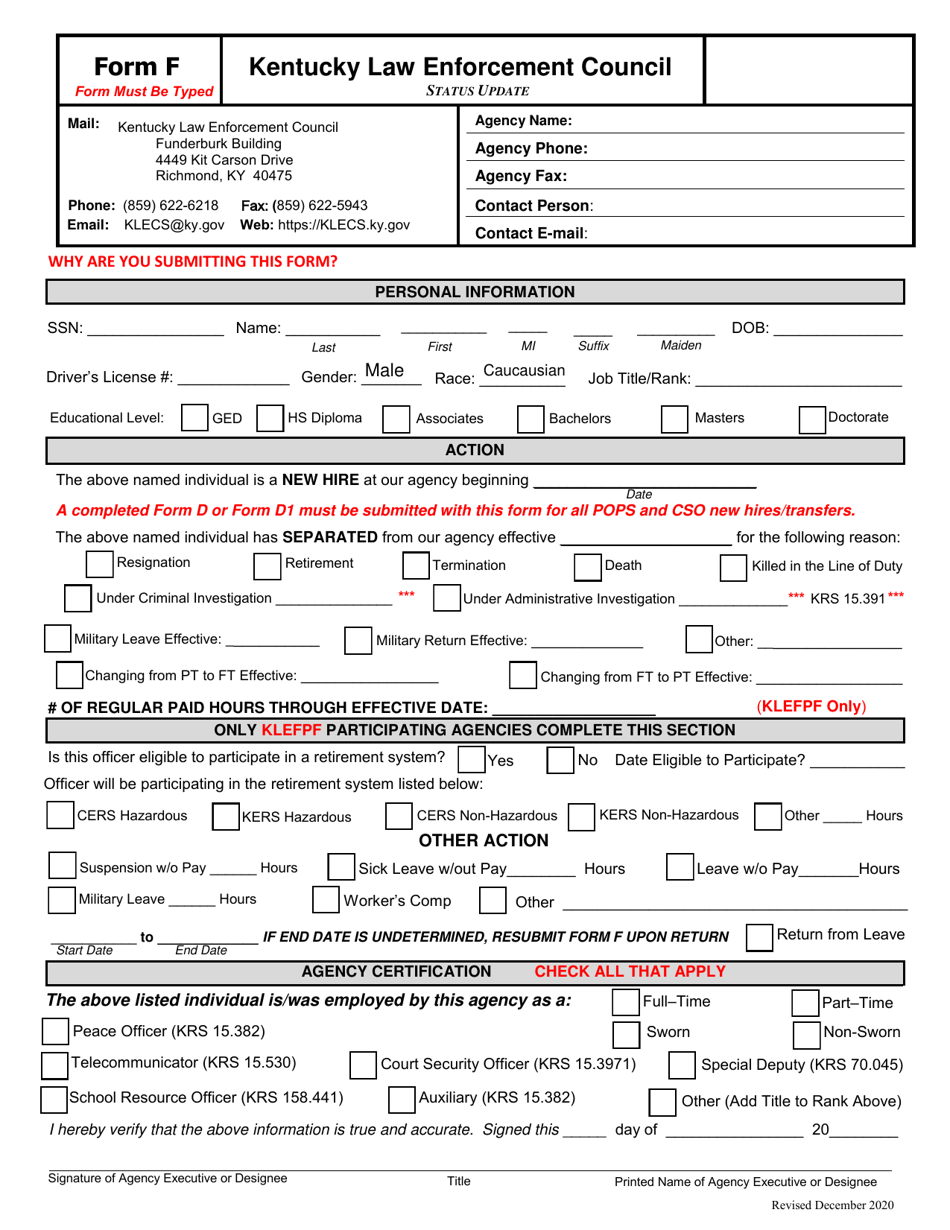 Form F Status Update - Kentucky, Page 1