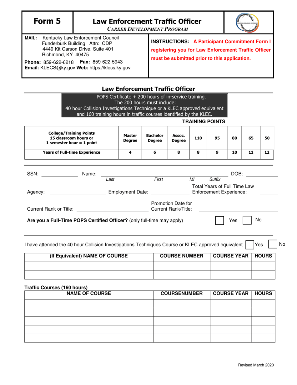 Form 5 Law Enforcement Traffic Officer - Kentucky, Page 1