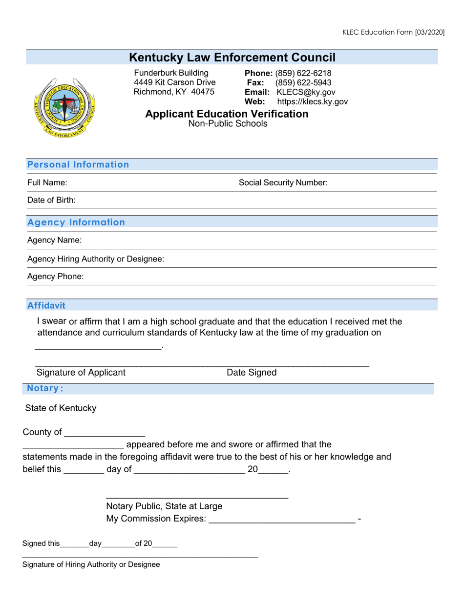 Applicant Education Verification - Kentucky, Page 1